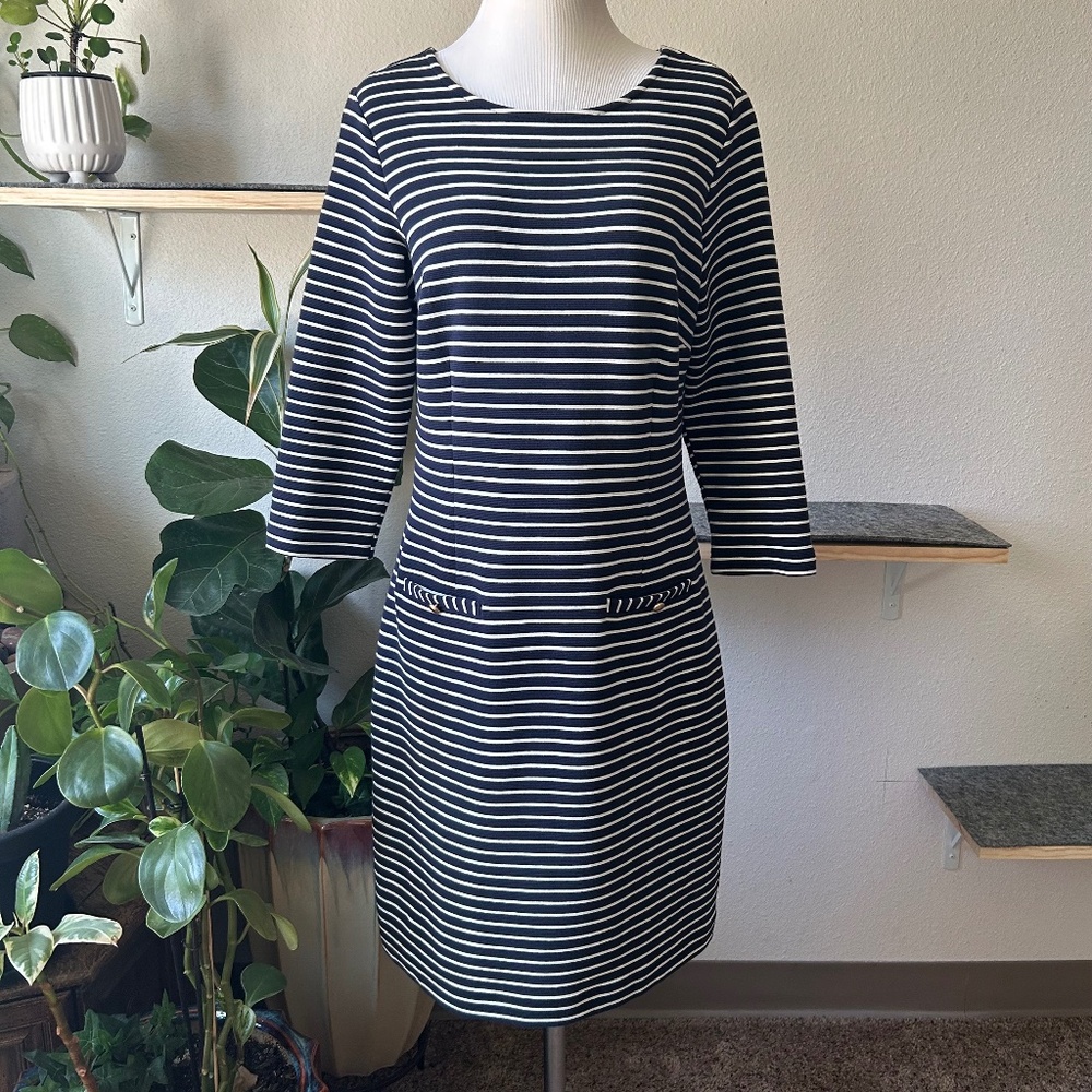 New Talbots White Navy Straps 79%Cotton 16% Polyester Long Sleeve Dress size 8P